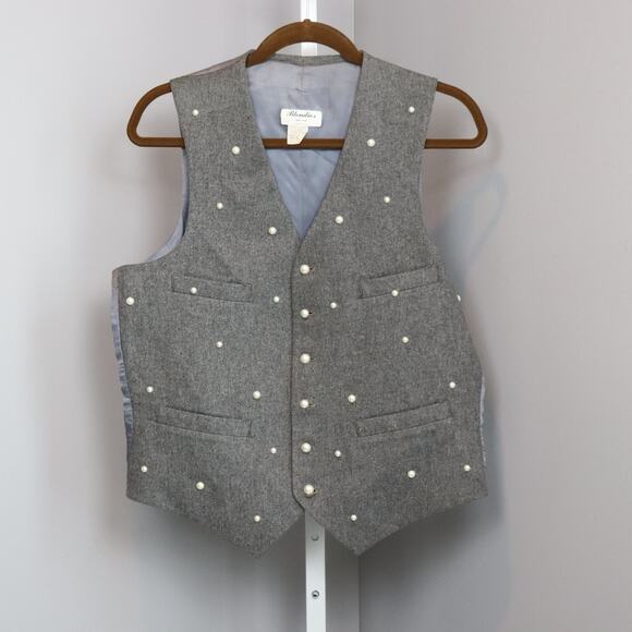 Vintage Blondies NY Gray Wool Vest w/ Faux Pearls OS Made in USA Lined - Picture 1 of 6